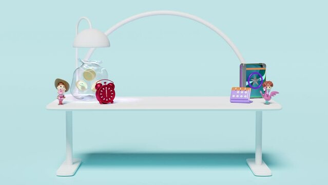3d desk in office with toy, book, calendar, alarm clock, money bag isolated on blue background. table abstract background. 3d render illustration, alpha channel