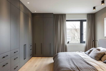 Obraz premium Modern bedroom with grey wardrobes and large window