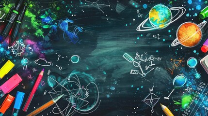Colorful back to school background with art supplies, planets, and doodles on a blackboard. Space and education concept.