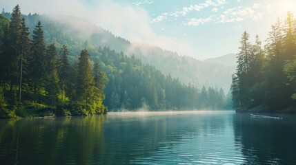 A beautiful lake surrounded by trees and mountains landscape