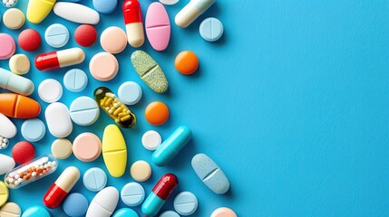 Colorful Assorted Medicine Pills on Vibrant Blue Background Close-Up