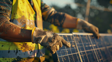  a man worker carrying a solar panel for installation, focused look, sunburnt skin, reflective vest, detailed gloves, vivid colors, high-definition textures, outdoor background, intricate solar panel 