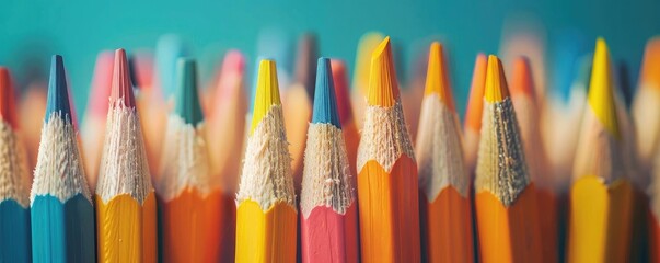 Close-up of a row of colorful pencils with sharp tips on a blue background, perfect for art or school-related themes.