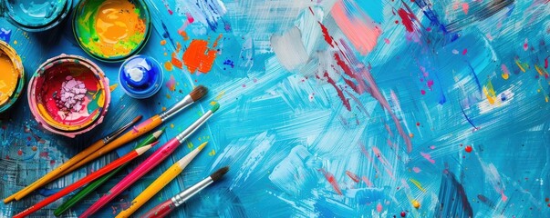 Vibrant, colorful abstract painting with paintbrushes and palette, showcasing artistic expression and creativity on a canvas.
