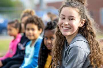 Fototapeta premium Smiling girl with classmates sitting outside looking at camera. Back to school concept.