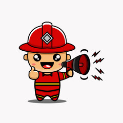 cute vector design illustration of firefighter character mascot with megaphone