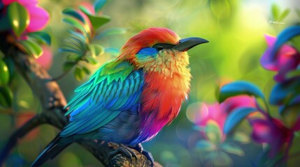 Obraz premium Colorful bird on a background of nature. 3d illustration.