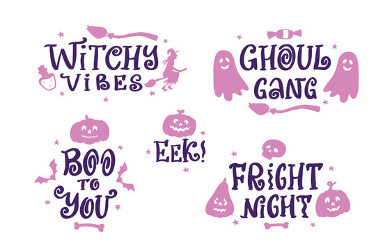 Halloween lettering quotes collection decorated with pink elements for prints, apparel decor, scrapbooking, sublimation, cards, posters, banners, invitations, etc. EPS 10
