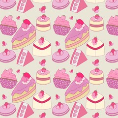 seamless pattern with cakes.
Seamless pattern image of strawberry dessert. Can be used as background, wallpaper, decoration of things.