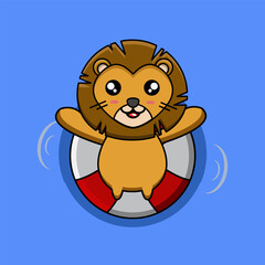 vector design illustration of a cute lion mascot relaxing with a swimming buoy