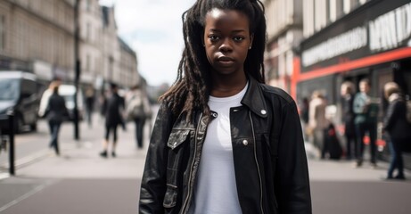 A stylish model posing in urban streetwear on a bustling city street, using natural daylight to capture the edgy vibe.