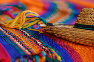 Celebrating mexican heritage with a handcrafted sombrero displayed on a brightly colored textile, showcasing the beauty of traditional craftsmanship