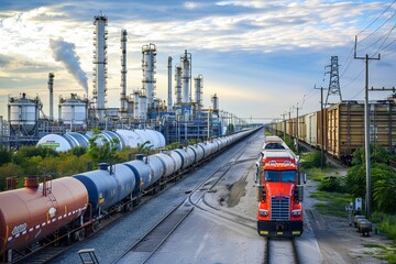 Tanker trucks and railcars wait for loading at a large industrial plant. Generative AI