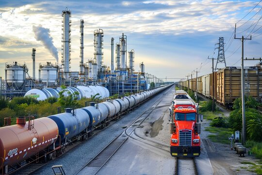 Tanker trucks and railcars wait for loading at a large industrial plant. Generative AI
