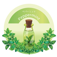ペパーミントとペパーミントの精油瓶・精油・アロマ・芳香植物 © Soot kiri