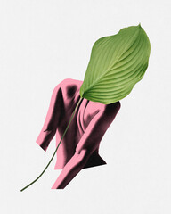 Summertime beauty. Surreal fusion of body aesthetics and nature, blending leaf and torso in vibrant...