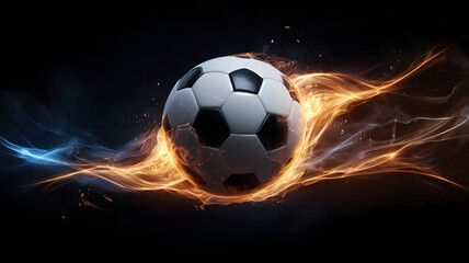a soccer ball surrounded by fiery streaks against a dark background, representing speed, energy, and motion. Perfect for sports themed designs and promotional materials