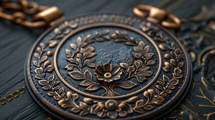A Close-Up View of an Intricate Copper Medallion With Floral Detailing. Generative AI