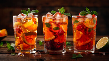 assortment of fresh iced fruit drinks on wooden background, Arrange the fruits and juice glasses on a rustic wooden table with a jug of juice, creating a natural and inviting atmosphere. 