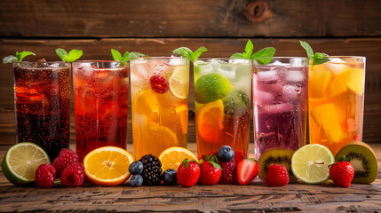 assortment of fresh iced fruit drinks on wooden background, Arrange the fruits and juice glasses on a rustic wooden table with a jug of juice, creating a natural and inviting atmosphere. 