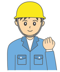 拳を握りしめる青い作業服と帽子をがぶった若い日本人の男性作業員のイラスト