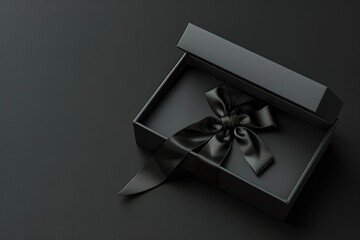Black Friday Sale and Christmas presents concept. Gift box with black ribbon on red satin textile, close up view
