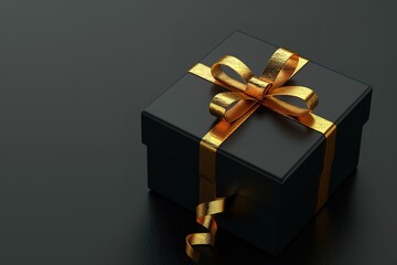 Black Friday Sale and Christmas presents concept. Gift box with black ribbon on red satin textile, close up view