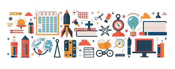 Fototapeta premium Seamless pattern with various education-related icons such as books, rocket, earth globe, and lab equipment in flat style, perfect for school projects.