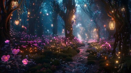 Naklejka premium Enchanted Forest with Glowing Butterflies