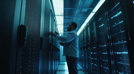 Technician monitors a powerful server room used to generate AI or farm crypto in a secure warehouse filled with racks of computer servers networked to the internet
