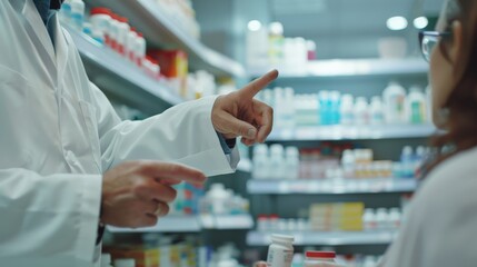 Pharmacist advising a customer in a pharmacy. Professional healthcare service and medical consultation
