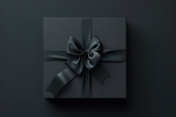 Black Friday Sale and Christmas presents concept. Gift box with black ribbon on red satin textile, close up view