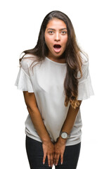 Young beautiful arab woman over isolated background afraid and shocked with surprise expression, fear and excited face.