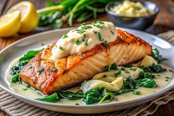 Exquisite pan-seared salmon fillet rests on a bed of saut&eacute;ed spinach, served with a side of creamy garlic mashed potatoes and drizzled with lemon butter sauce.