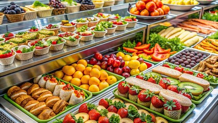Assorted trays of fresh fruits, sandwiches, salads, and pastries are neatly arranged on a counter at a full-service convenience store or gas station.