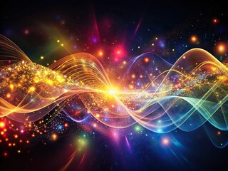 Vibrant, swirling particles resembling sound waves undulate across a dark, misty background, evoking a sense of futuristic energy and motion in a mesmerizing digital artwork.