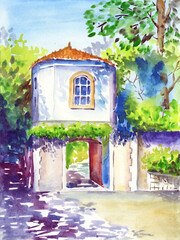 Watercolor illustration of an old two-story house with an arch and a tiled roof on a shady summer street (This illustration was drawn by hand without the use of generative AI!)