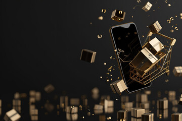 Trolley and colorful gifts and shopping on black background. Creative idea for shopping online, winter sale, supermarket, discount promotion and black Friday concept. Copy space for text.