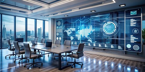 Modern office interior with large touchscreen display showing binary code and system engineering diagrams amidst floating digital icons and charts, representing digital transformation.