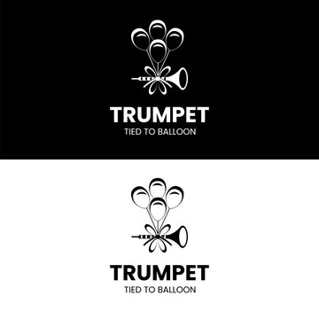 Trumpet tied to flying balloon for abstract concept logo design
