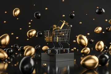 Trolley and colorful gifts and shopping on black background. Creative idea for shopping online, winter sale, supermarket, discount promotion and black Friday concept. Copy space for text.
