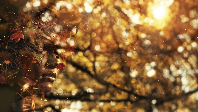 Herbst Hintergrund Motiv Frau mit sch&ouml;nem Gesicht Naturverbundenheit mit Wald und Bl&auml;tter