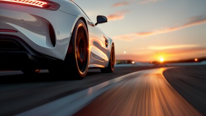 Dynamic Close-Up of a High-Speed Sports Car Race Track at Dusk with Motion Blur, Essence of Speed Performance Luxury Racing