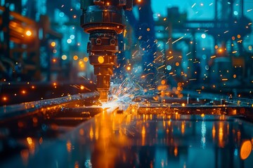 Obraz premium Industrial Robotic Arm Welding Metal With Sparks in Factory