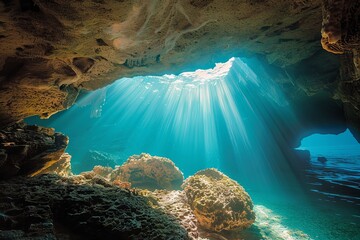 A serene underwater cave, bathed in sunlight filtering through the water. Generative AI