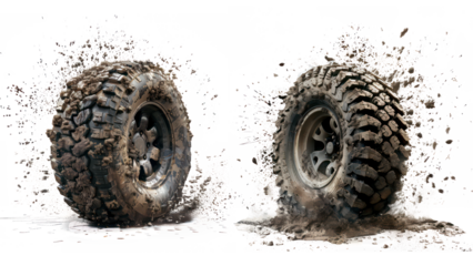 Set of Dynamic Off-Road Tire in Action, Cut-Out, Isolated on Transparent Background