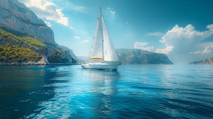 Sailing Serenity Amidst the Coastal Cliffs on a Sunny Day. Generative AI