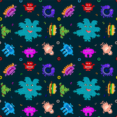 Cute cartoon monsters with different emotions. Seamless pattern for children and teenagers on textiles, prints, paper products, the Internet. Universal. Vector