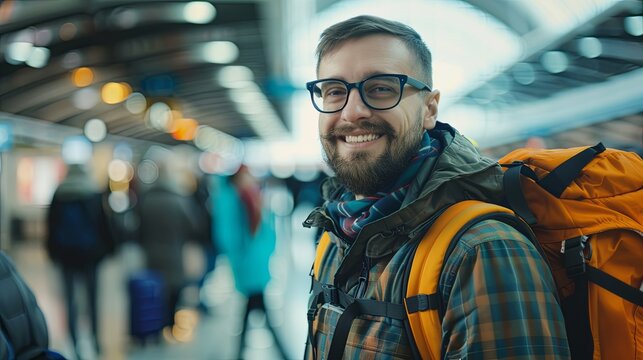 A portrait of a happy young solo traveler with a backpack inside an airport terminal, representing the concept of embarking on a new adventure, with space for cop