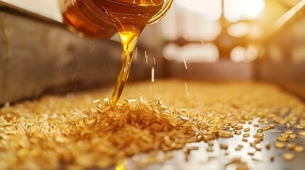 Refined Rice Bran Oil Pouring into Transparent Container for Packaging